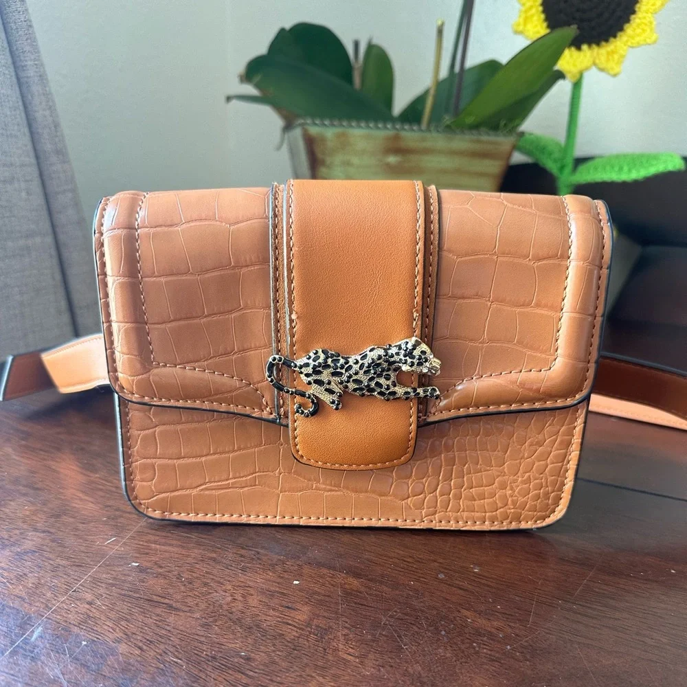 Topshop Tan Croc-Embossed Mini Belt Bag with Leopard Clasp - Picture 1 of 14